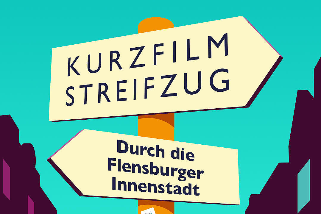 Illustration eines Wegweisers mit drei Pfeilen, die in unterschiedliche Richtungen zeigen. Die Pfeile tragen die Aufschrift Kurzfilm Streifzug durch die Flensburger Innenstadt 14. und 15. Juni 2024.