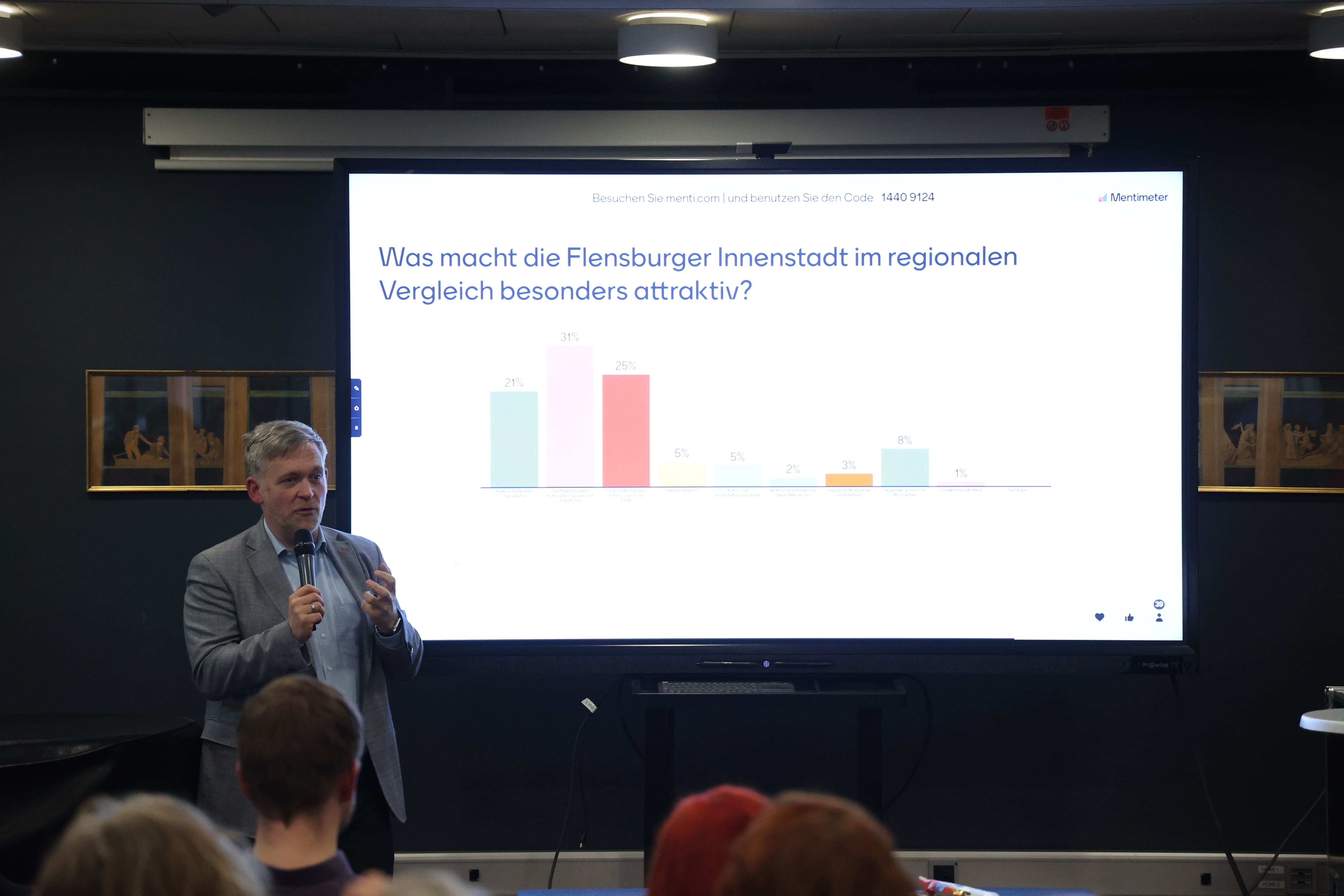 Ein Mann spricht in ein Mikrofon vor einer sitzenden Gruppe Menschen. Auf einem Bildschirm hinter ihm befindet sich eine Säulendiagramm mit dem Titel Was macht die Flensburger Innenstadt im regionalen Vergleich besonders attraktiv?