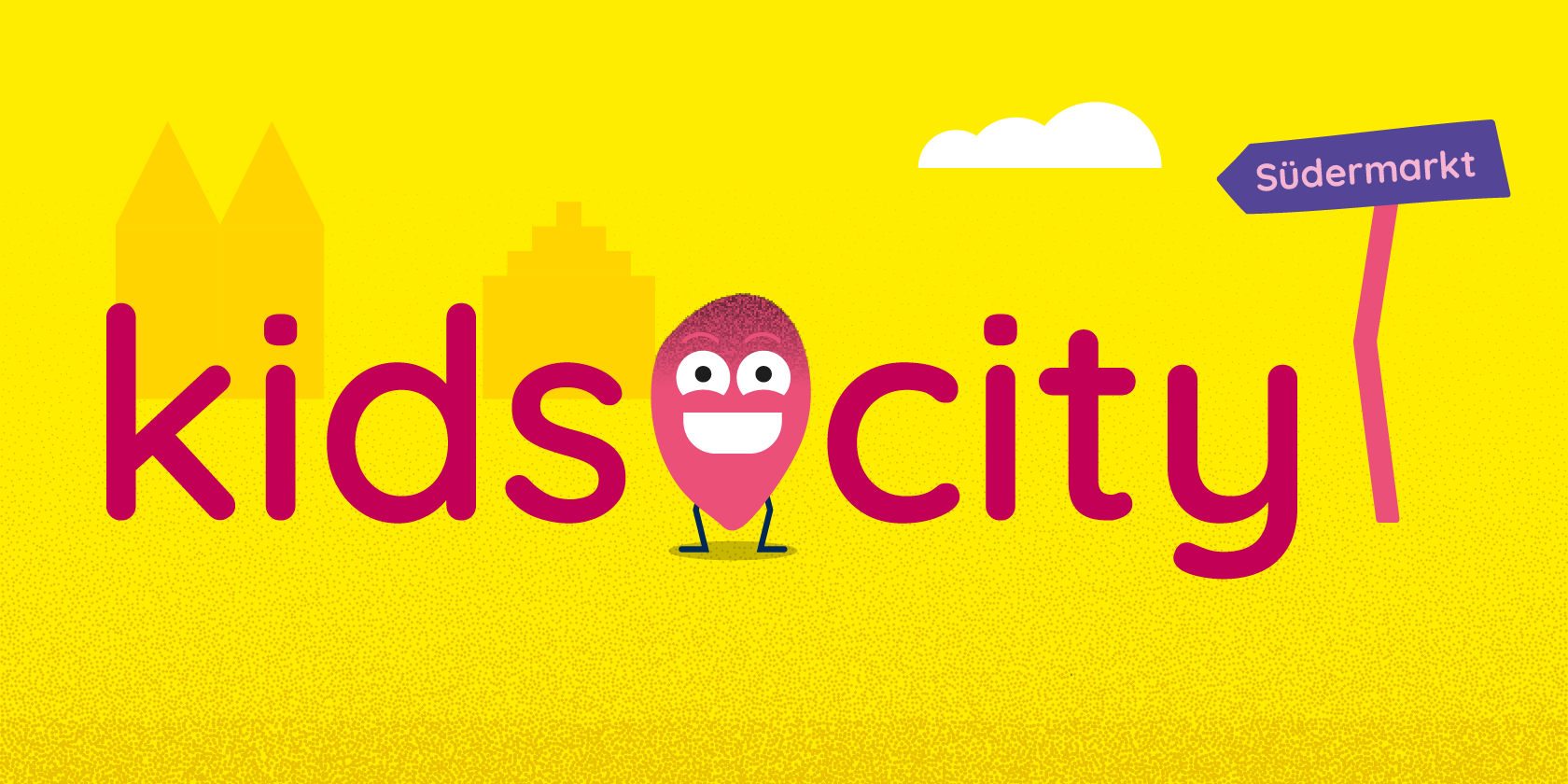 kids.city-Logo vor dem Umriss einer Stadt sowie ein Wegweiser mit der Aufschrift Südermarkt.