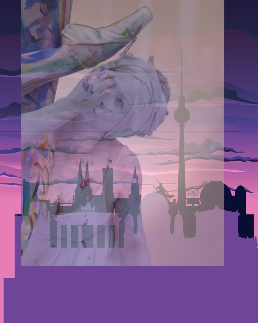 Transparente Darstellung einer Person in Ballettschuh, die einen Pinsel in der Hand hält und farbige Flecken auf dem Körper hat. Hinter und neben ihr ist eine Illustration des Umrisses bekannter deutscher Gebäude zu sehen. Das gesamte Bild ist farblich in lila Nuancen gehalten.